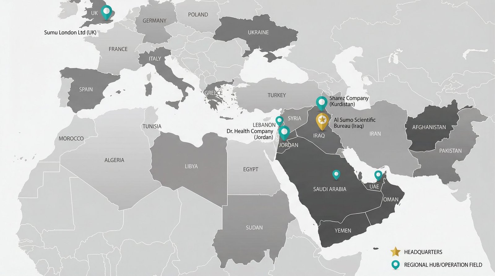 Map of Al Sumo group companies across Iraq, Jordan, the UK, and the Gulf