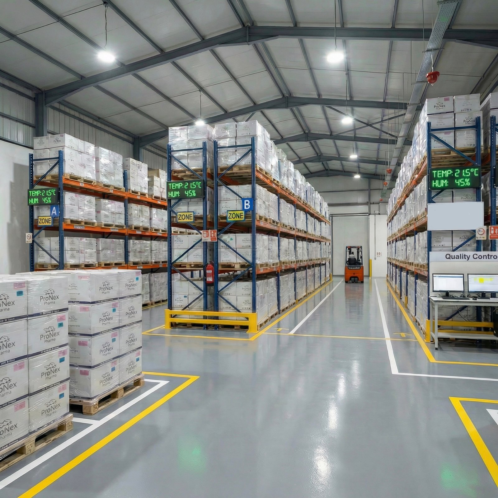 GDP-aligned warehouse aisles with monitored temperature displays